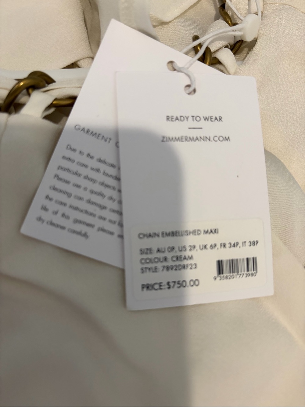 Zimmermann Cream Maxi Dress with Gold Chain Detail Brand New 0P - Picture 5 of 7